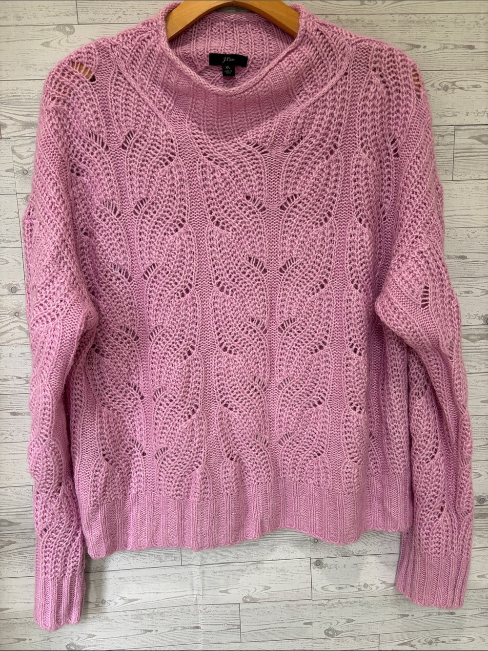 J Crew Alpaca Cable Knit Sweater Pointelle Rolled Hem Mock Neck Pink XL